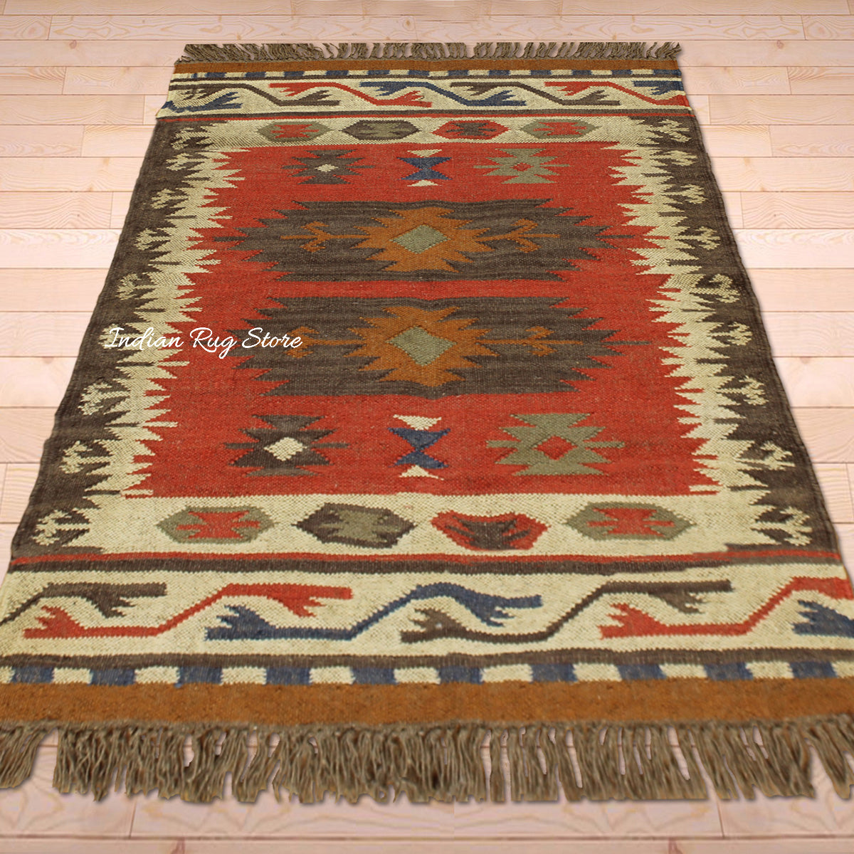 Indian Hand Woven Geometric Multicolor Brown Trendy Wool Jute Rug