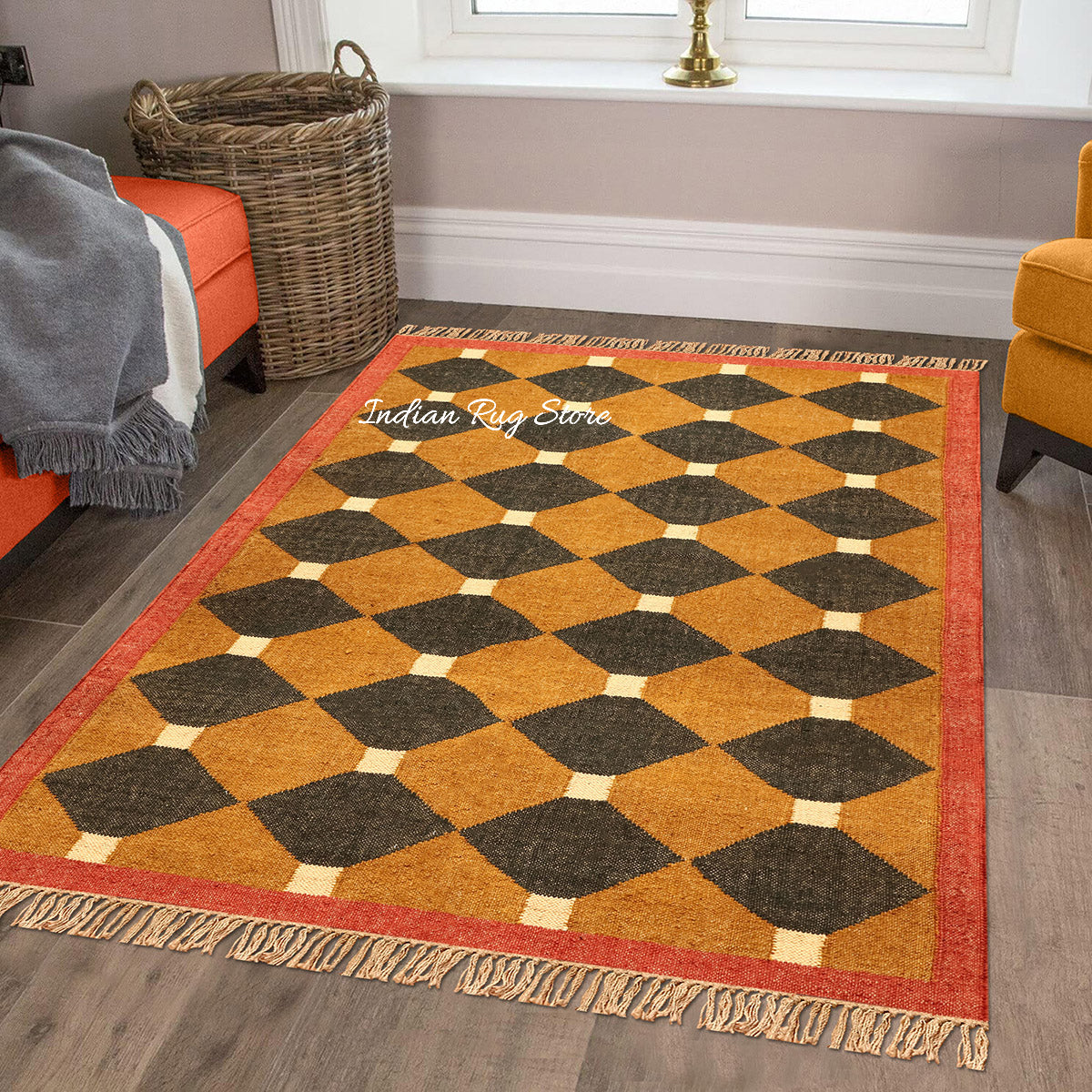 Indian Hand Woven Black Yellow Geometric Hallway Decor Wool Jute Rug