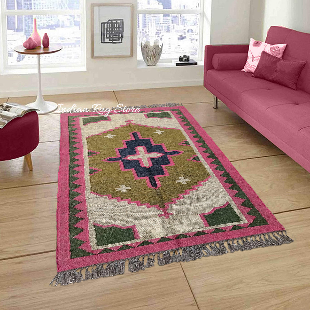 Multicolor Indian Hand Woven Geometric Bedroom Decor Wool Jute Rug