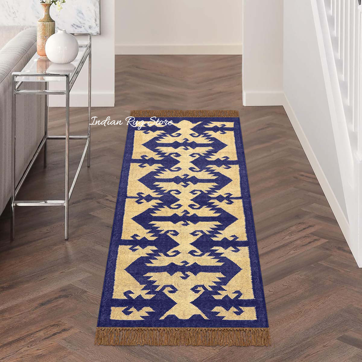 Indian Hand Woven Beige Navy Blue Dining Area Wool Jute Rug