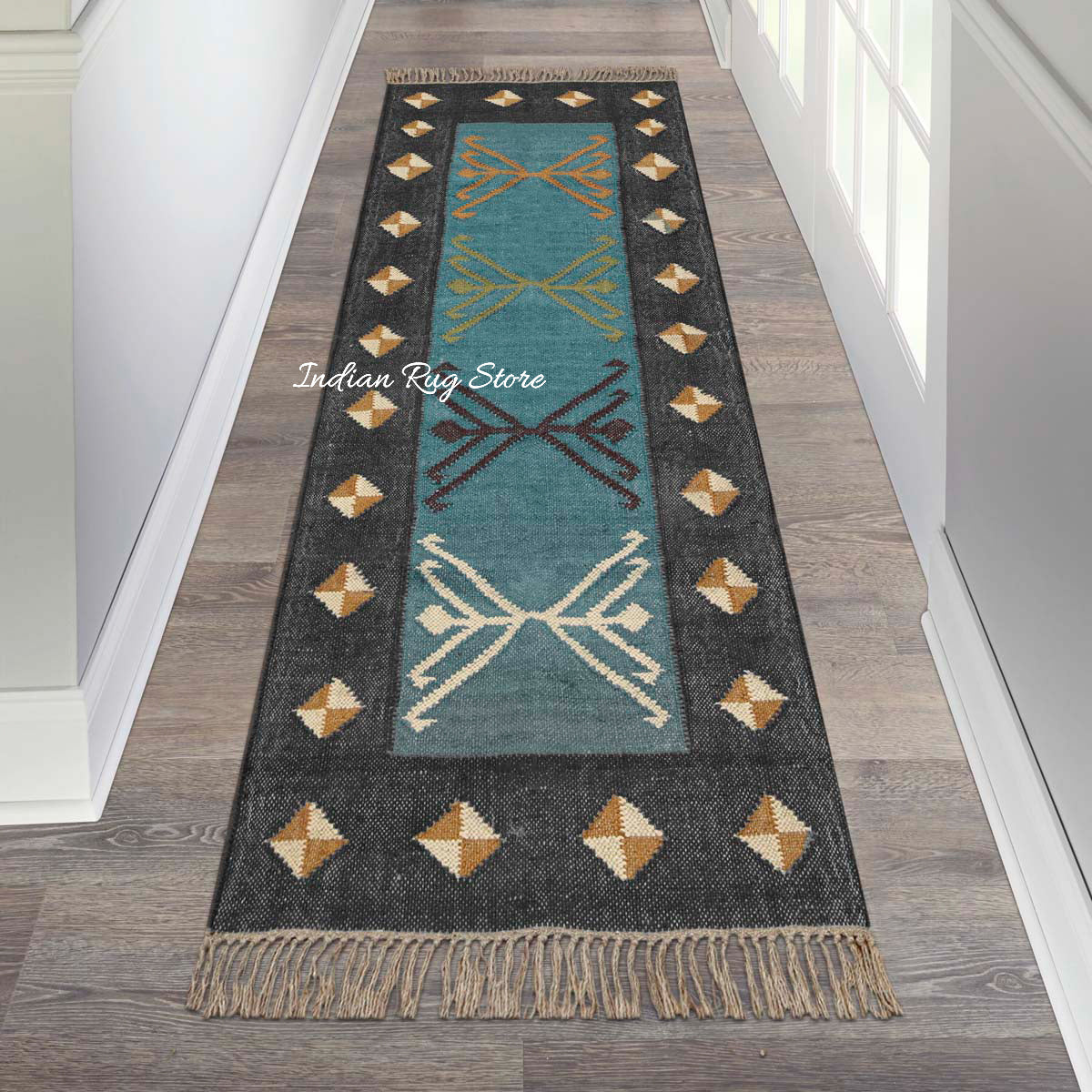 Alfombra de cocina india tejida a mano de yute Kilim en color gris y multicolor