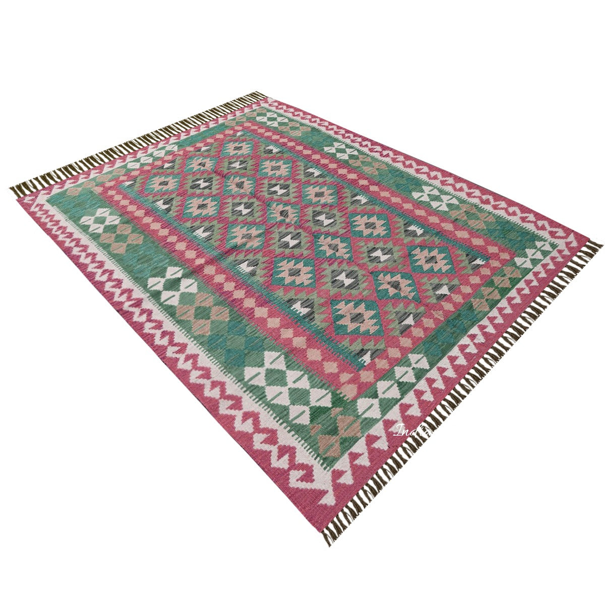 Dining Room Decor Green and Red Hand Woven Wool Rug