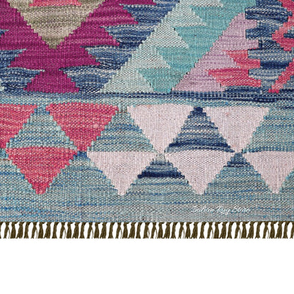 Pink and Blue Hand Woven Wool Bedroom Area Rug