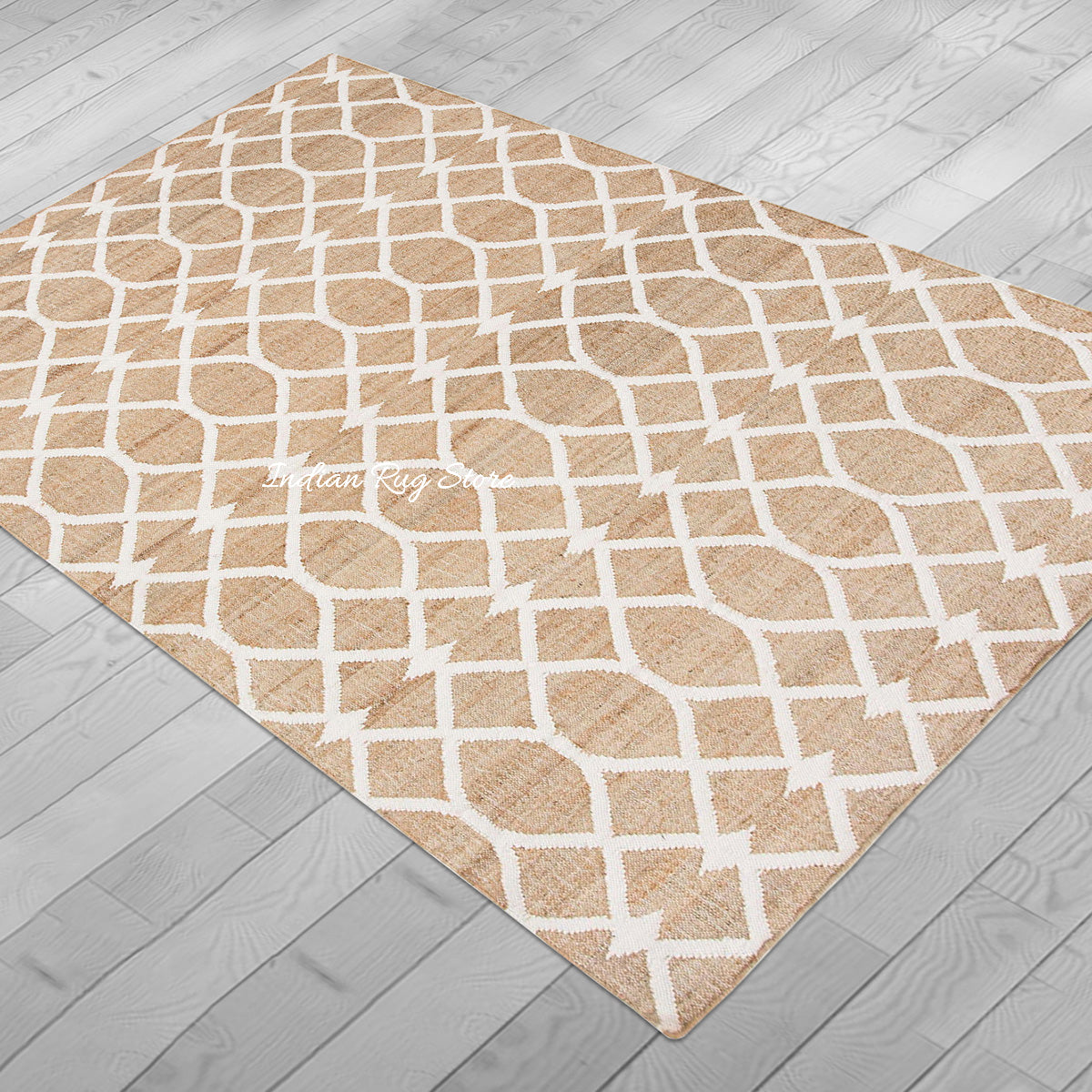 Beige White Indian Hand Woven Geometric Dining Hall Wool Jute Rug