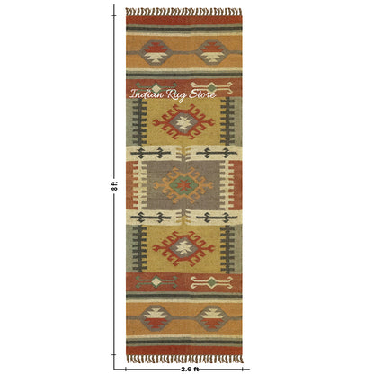 Indian Hand Woven Brown Multicolor Geometric Home Decor Wool Jute Rug