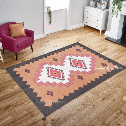 Tappeto Kilim indiano in cotone arancione tessuto a mano, grande area CK-529