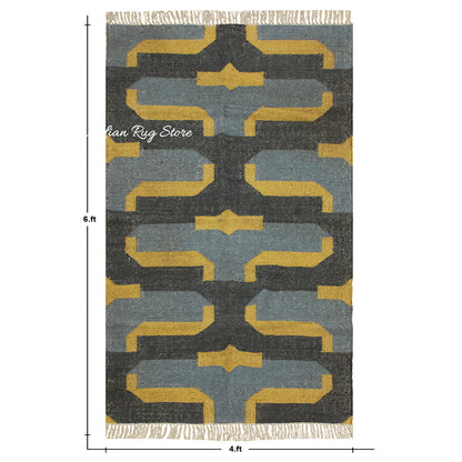 Indian Hand Woven Gray Yellow Musterd Geometric Wool Jute Rug