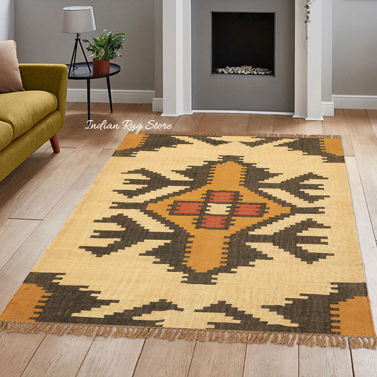 Hand Woven Geometric Beige Black Home Decor Wool Jute Rug