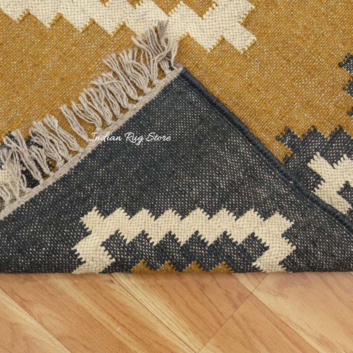 Indian Hand Woven Geometric Yellow Gray Wool Jute Rug