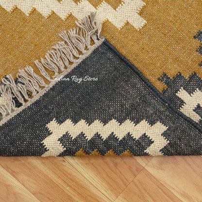 Indian Hand Woven Geometric Yellow Gray Wool Jute Rug