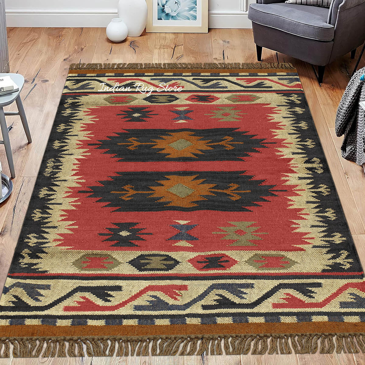 Red Black Hand Woven Geometric Living Area Wool Jute Rug