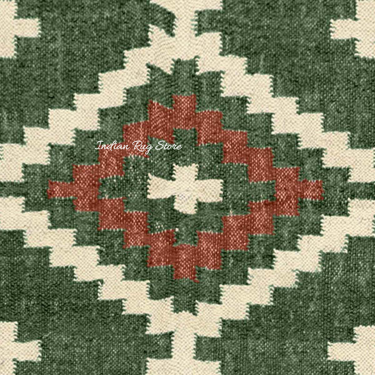 Geometric Hand Woven Dark Green Brown Interior Decor Wool Jute Rug