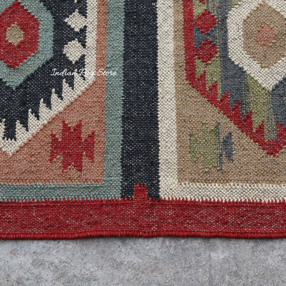 Red White Indian Hand Woven Geometric Dining Room Wool Jute Rug