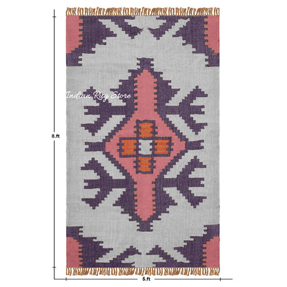 Rectangle Hand Woven Solid Pink Indigo Geometric Out House Wool Jute Rug