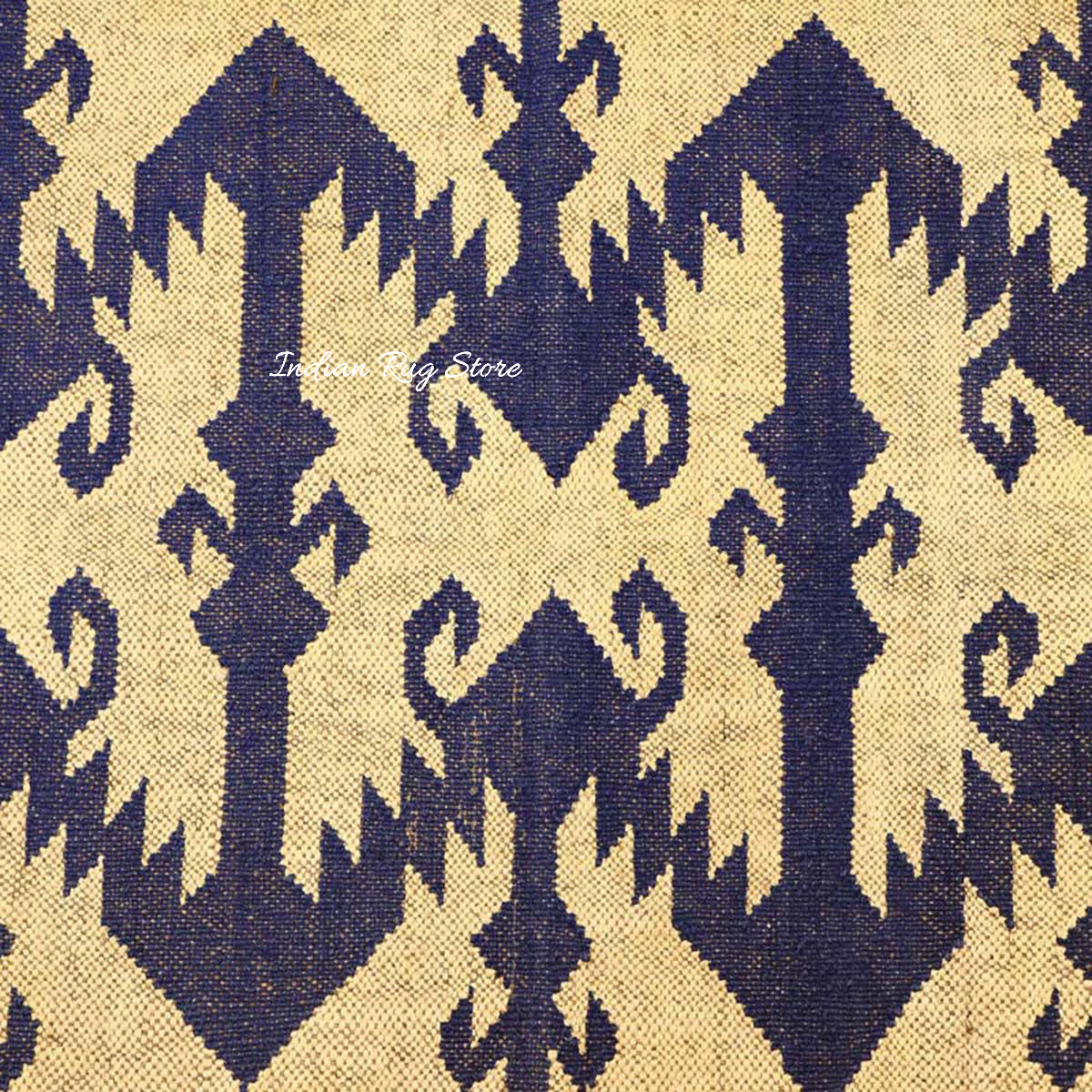 Indian Hand Woven Beige Navy Blue Dining Area Wool Jute Rug