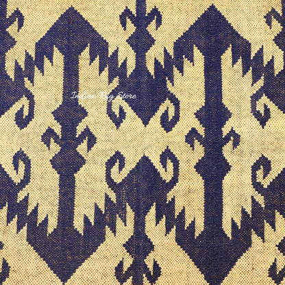 Indian Hand Woven Beige Navy Blue Dining Area Wool Jute Rug