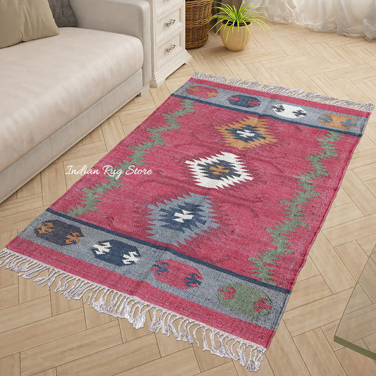 Alfombra de yute tejida a mano con motivos geométricos de la India en color gris y rojo para comedor Alfombra de yute tejida a mano con motivos geométricos de la India en color gris y rojo para comedor