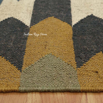 Indian Hand Woven Geometric Yellow Beige Wool Jute Rug