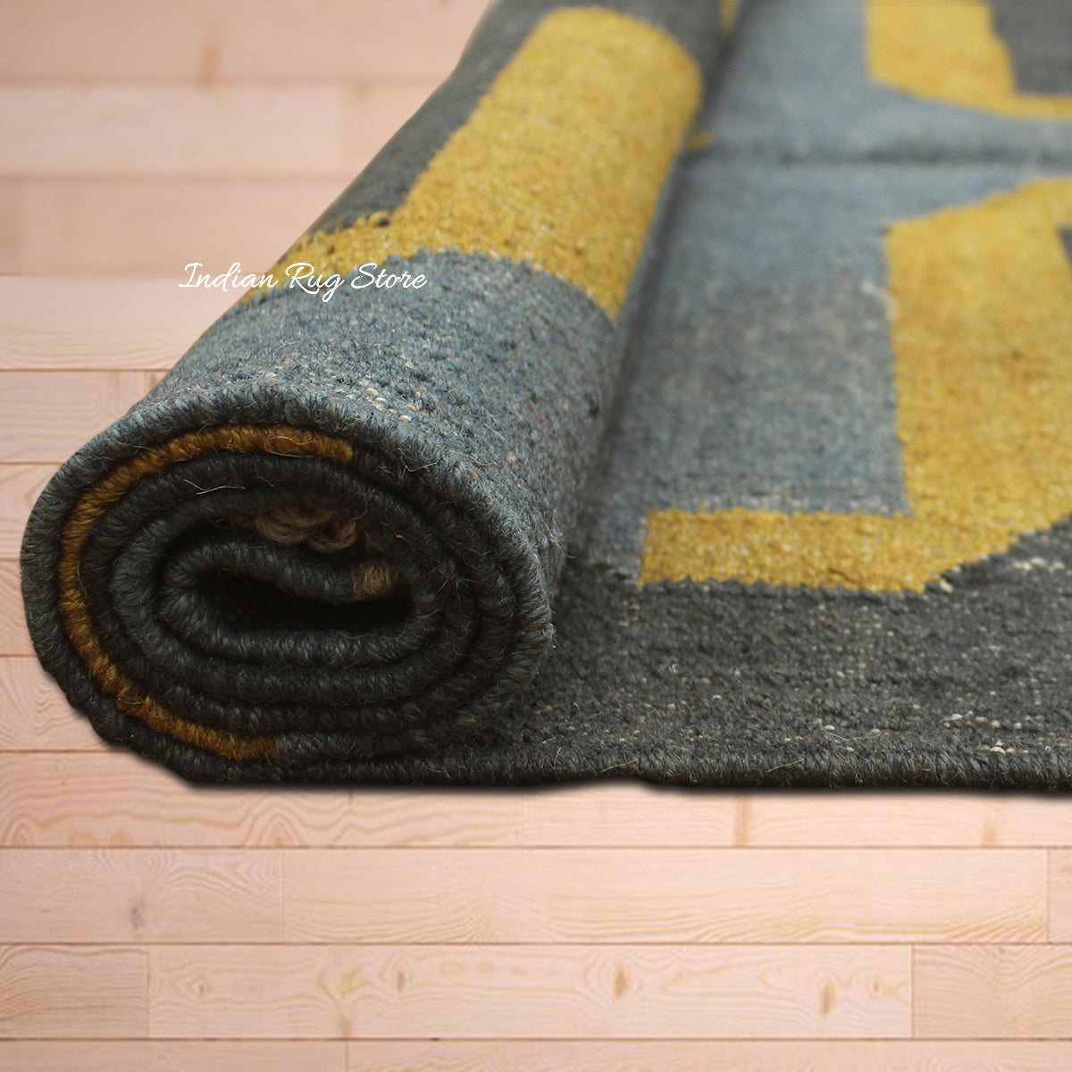 Indian Hand Woven Geometric Black Yellow Trendy Wool Jute Rug