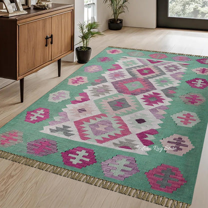 Pink and Green Hand Woven Wool Area Rug for Living Room Rug