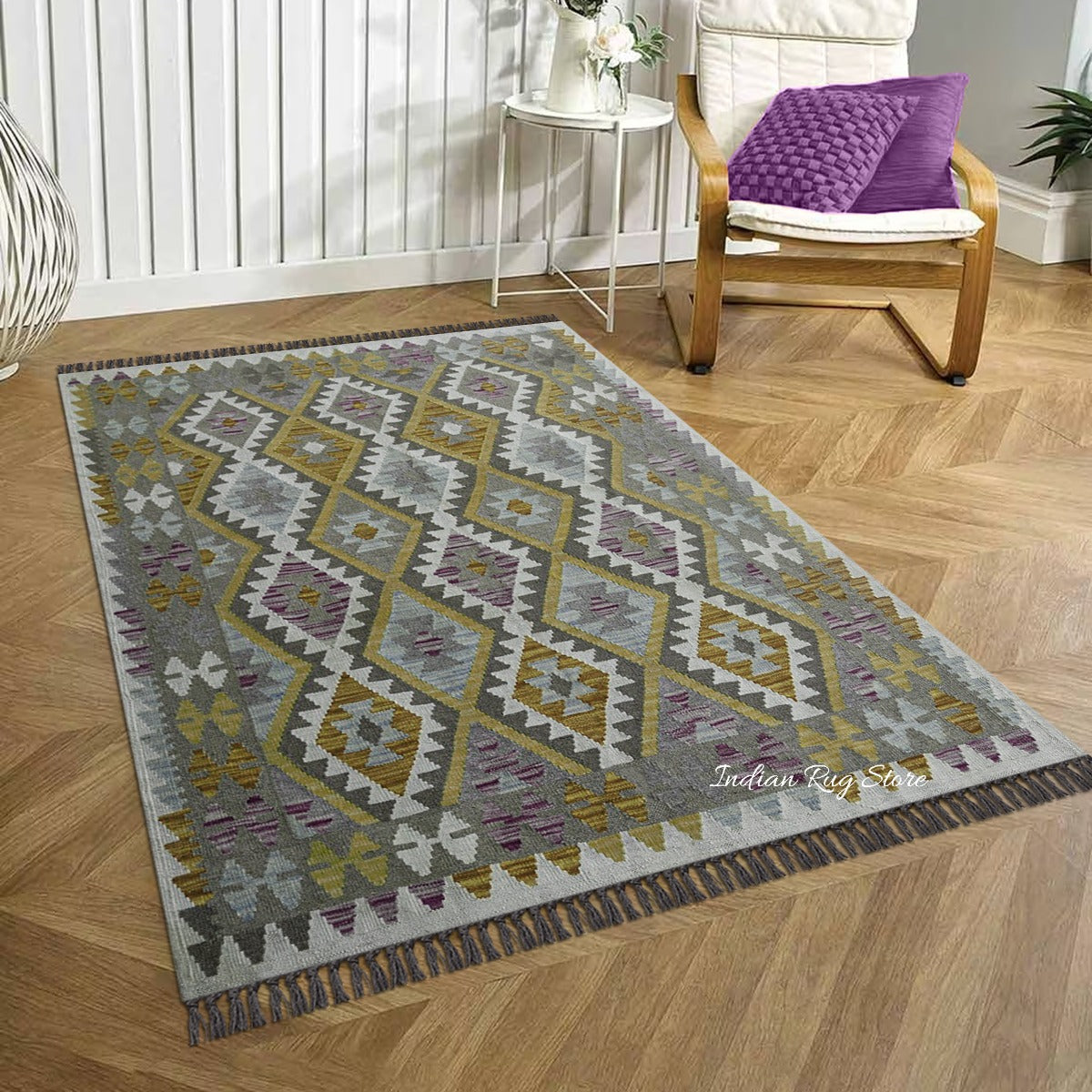 Dining Room Decor Hand Woven Green Wool Jute Rug