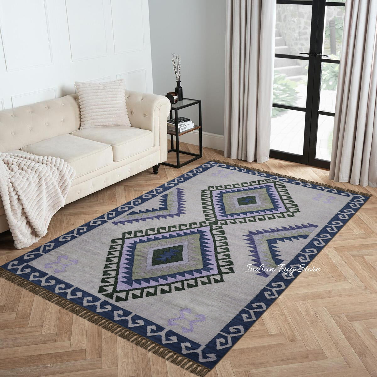 Hand Woven Blue, Gray and Black Hall Area Rug