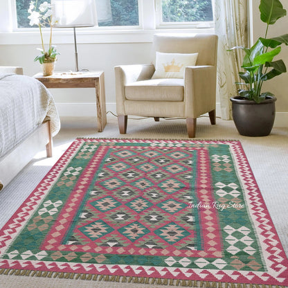 Dining Room Decor Green and Red Hand Woven Wool Rug