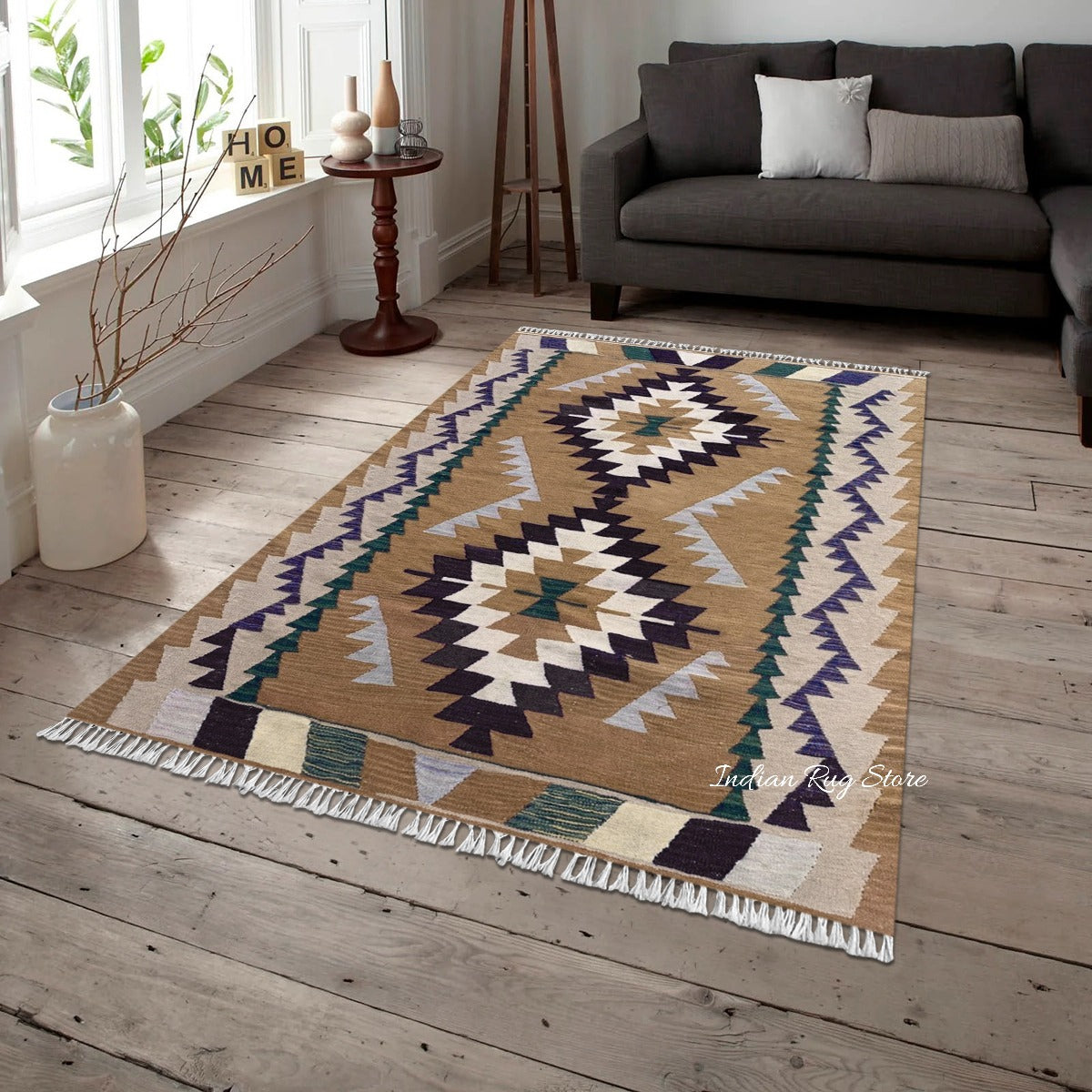 Hand Woven Natural Blue Bordered and brown Wool Area Rug