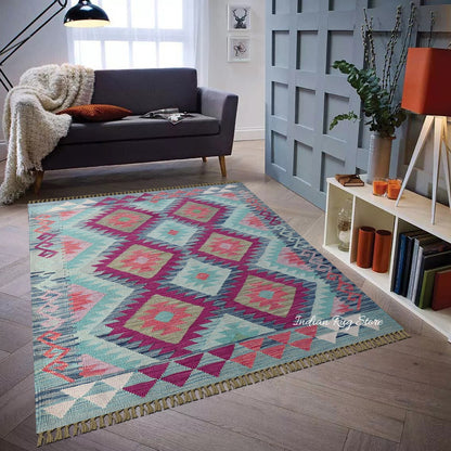 Pink and Blue Hand Woven Wool Bedroom Area Rug