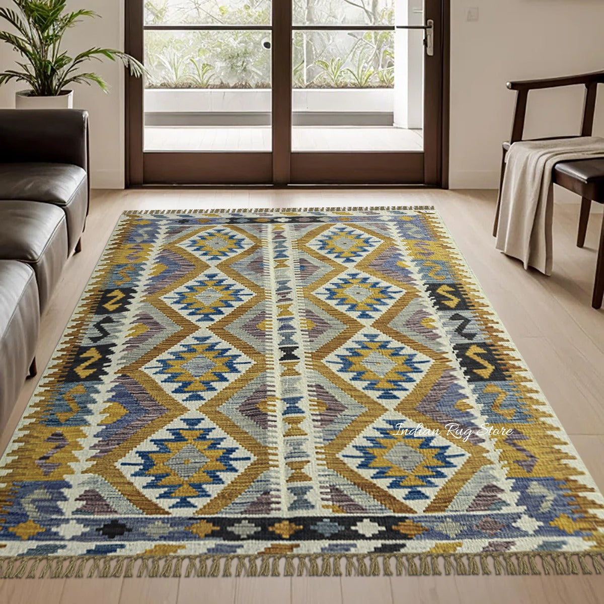 Natural Yellow Hand Woven Wool Kilims Bedroom Area Rug