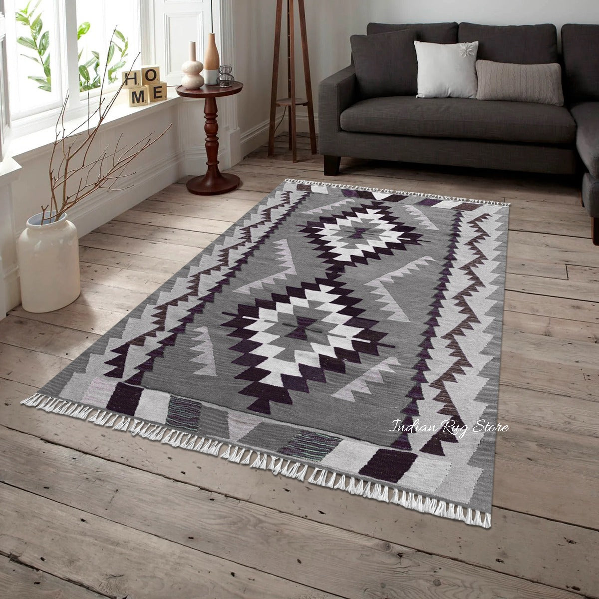 Alfombra de yute tejida a mano en lana multicolor gris para decoración de comedor