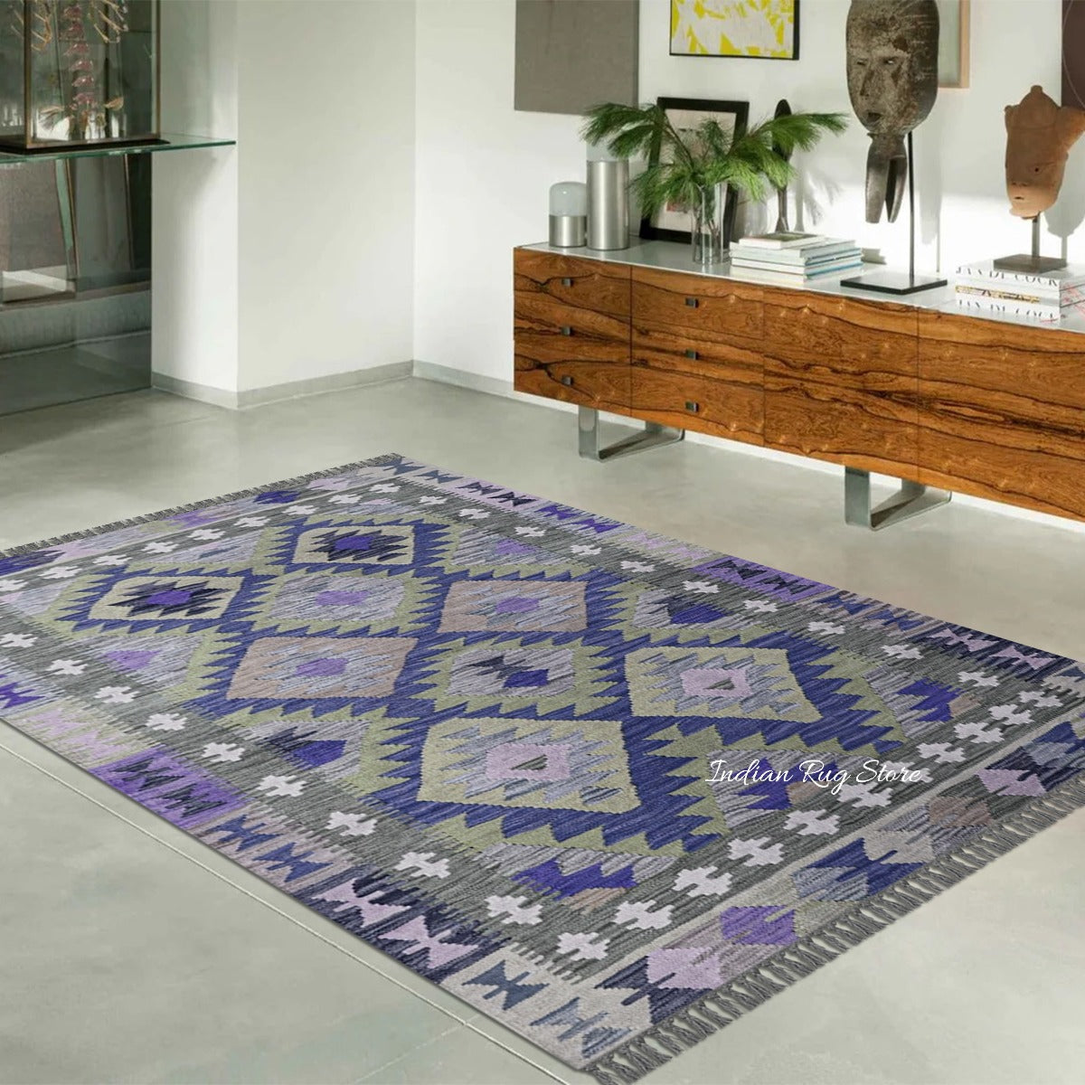 Hand Woven Wool Blue and Gray Black Hall Area Rug