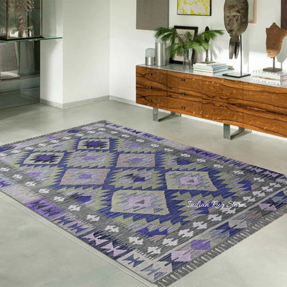 Hand Woven Wool Blue and Gray Black Hall Area Rug