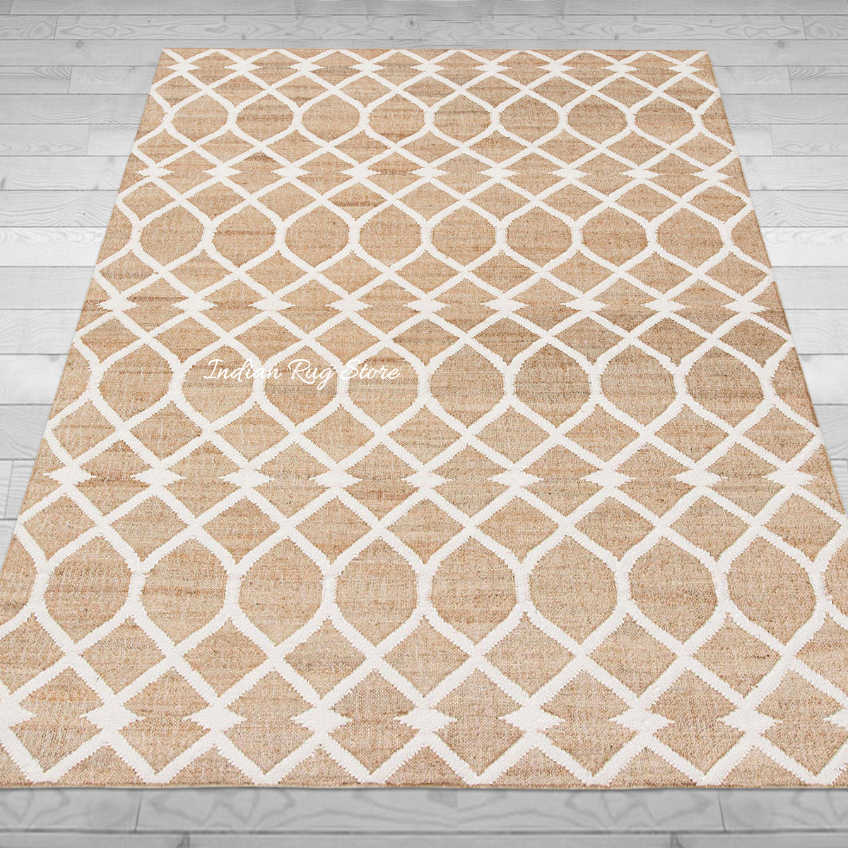 Beige White Indian Hand Woven Geometric Dining Hall Wool Jute Rug