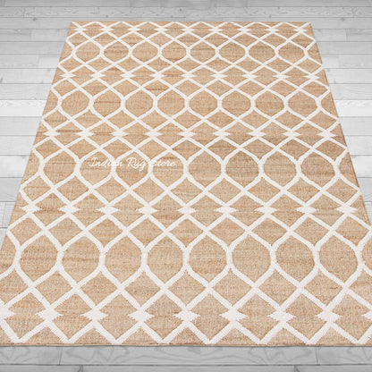 Beige White Indian Hand Woven Geometric Dining Hall Wool Jute Rug