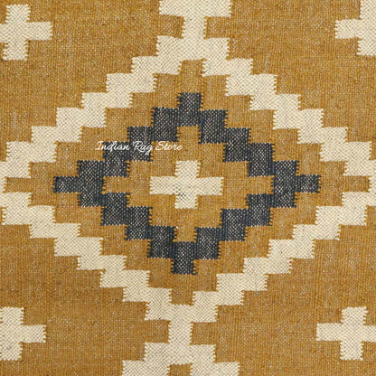 Indian Hand Woven Geometric Yellow Gray Wool Jute Rug