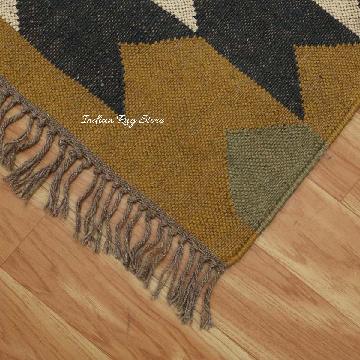 Indian Hand Woven Geometric Yellow Beige Wool Jute Rug