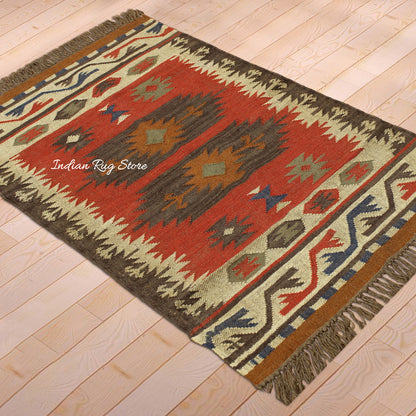 Indian Hand Woven Geometric Multicolor Brown Trendy Wool Jute Rug