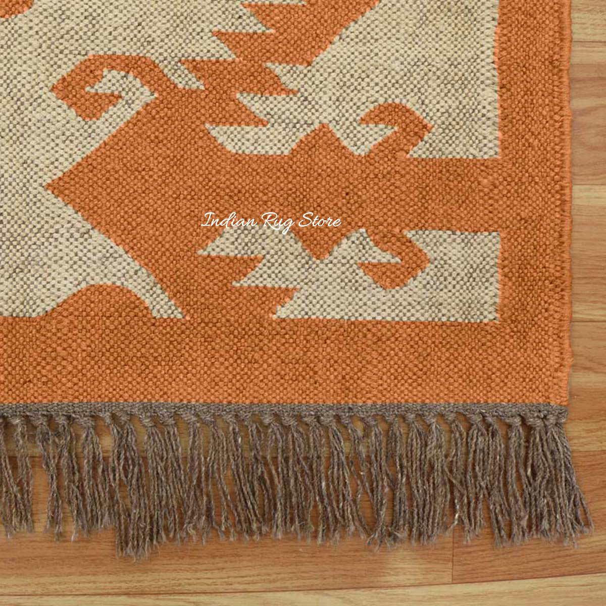 Indian Hand Woven Beige Orange Wool Dining Area Rug