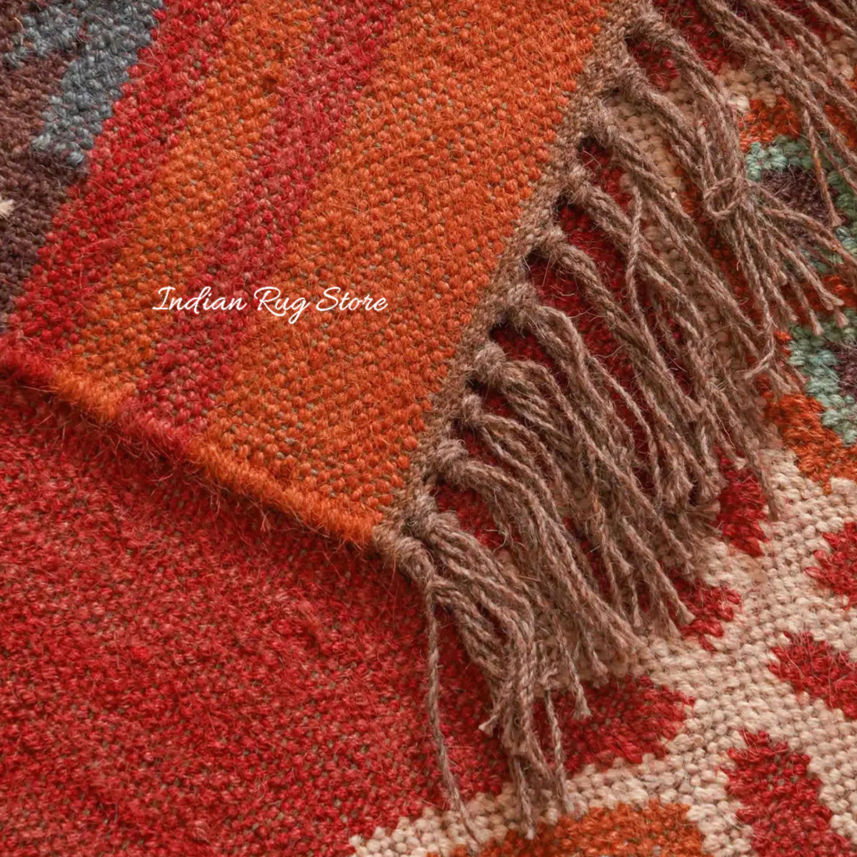 Red White Indian Hand Woven Geometric Trendy Wool Jute Rug