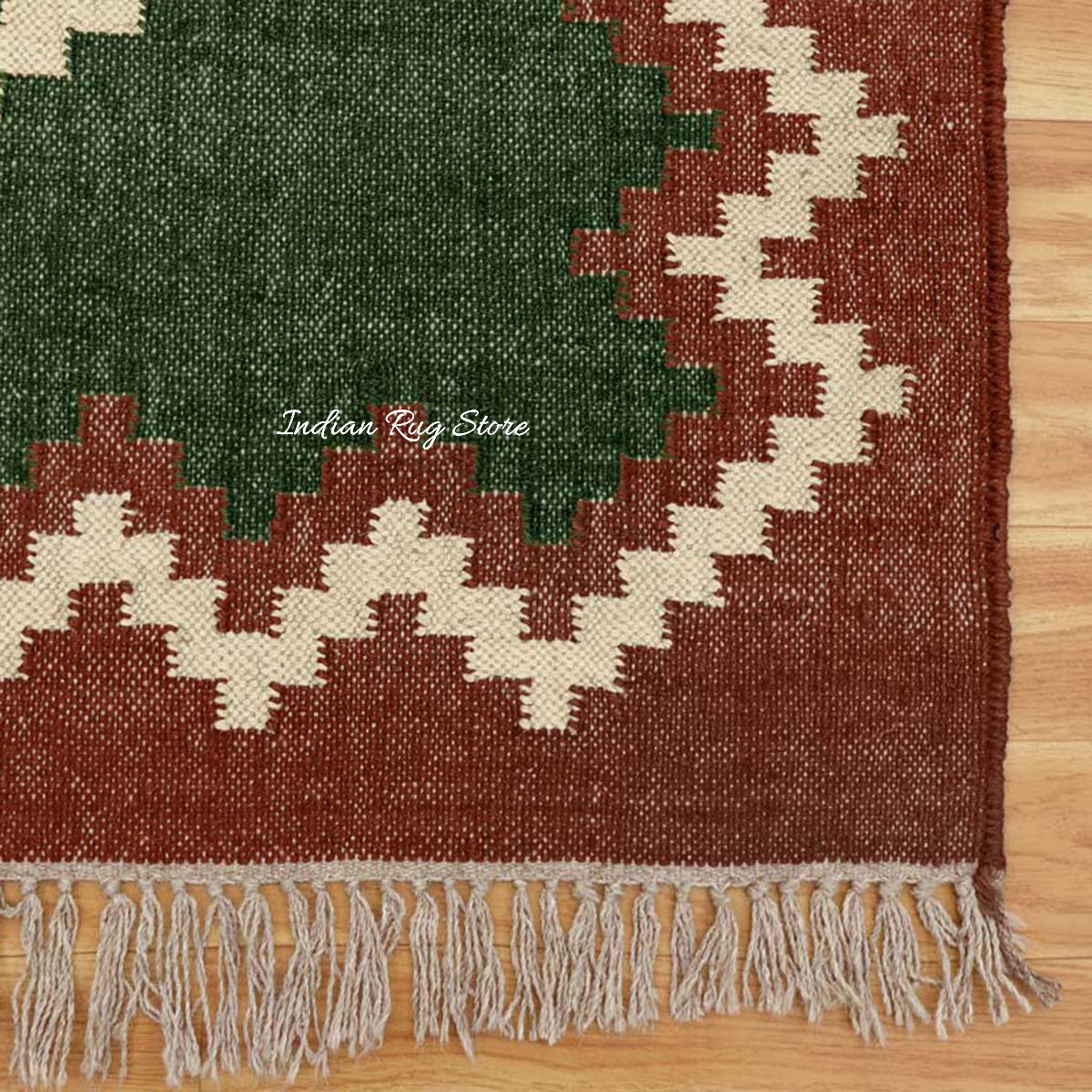 Geometric Hand Woven Dark Green Brown Interior Decor Wool Jute Rug