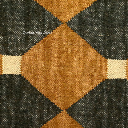 Indian Hand Woven Black Yellow Geometric Hallway Decor Wool Jute Rug