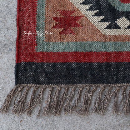 Red White Indian Hand Woven Geometric Dining Room Wool Jute Rug