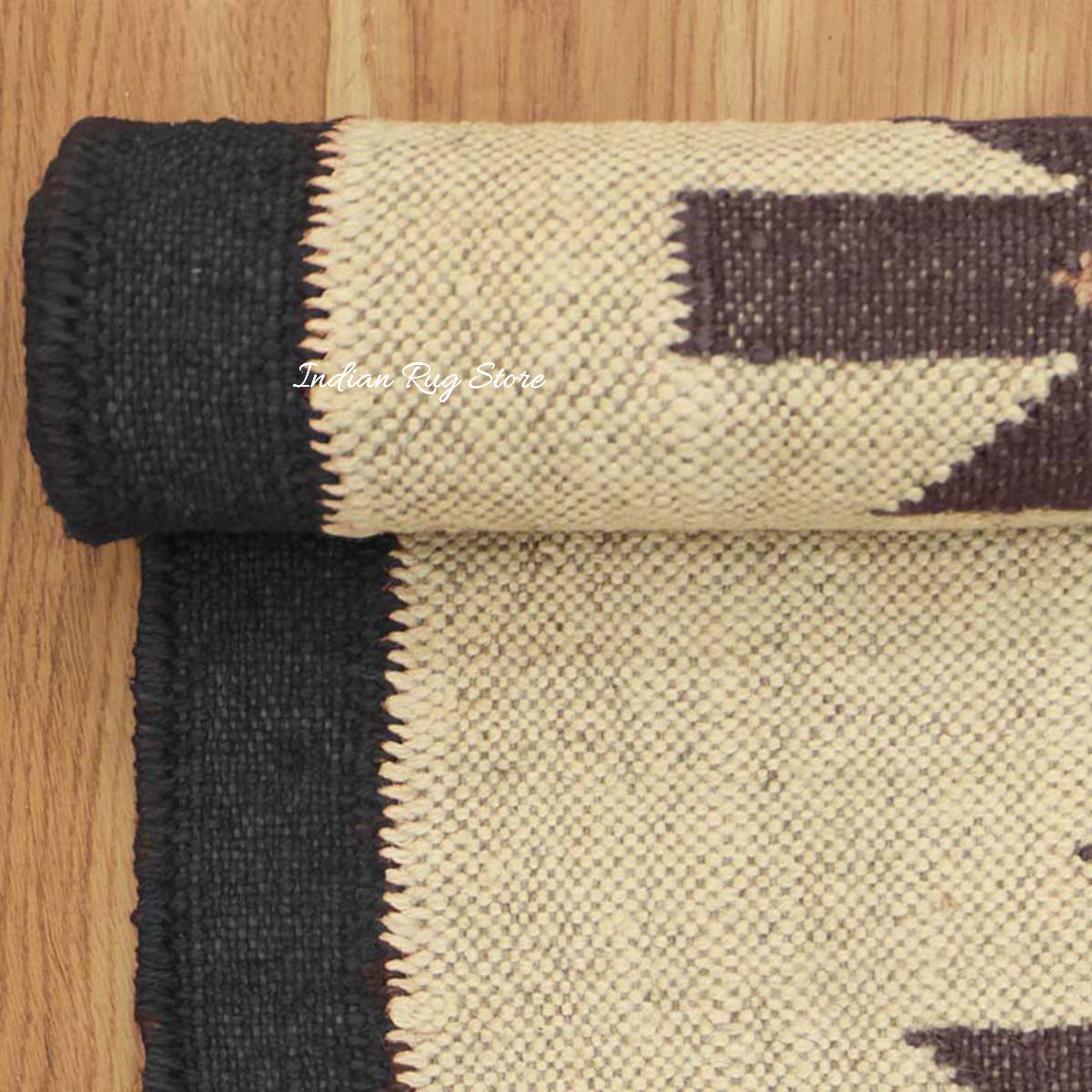 Multicolor Black Geometric Hand Woven Farm House Wool Jute Rug