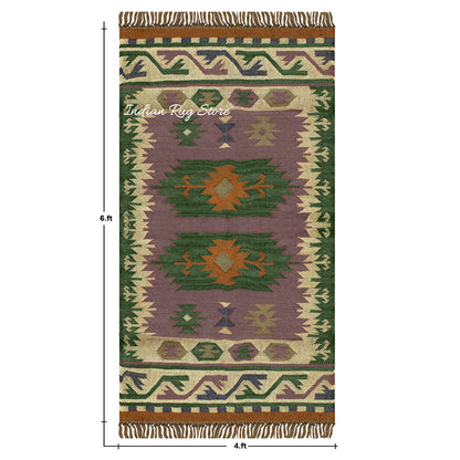 Green Multicolor Hand Woven Geometric Farm House Decor Wool Jute Rug