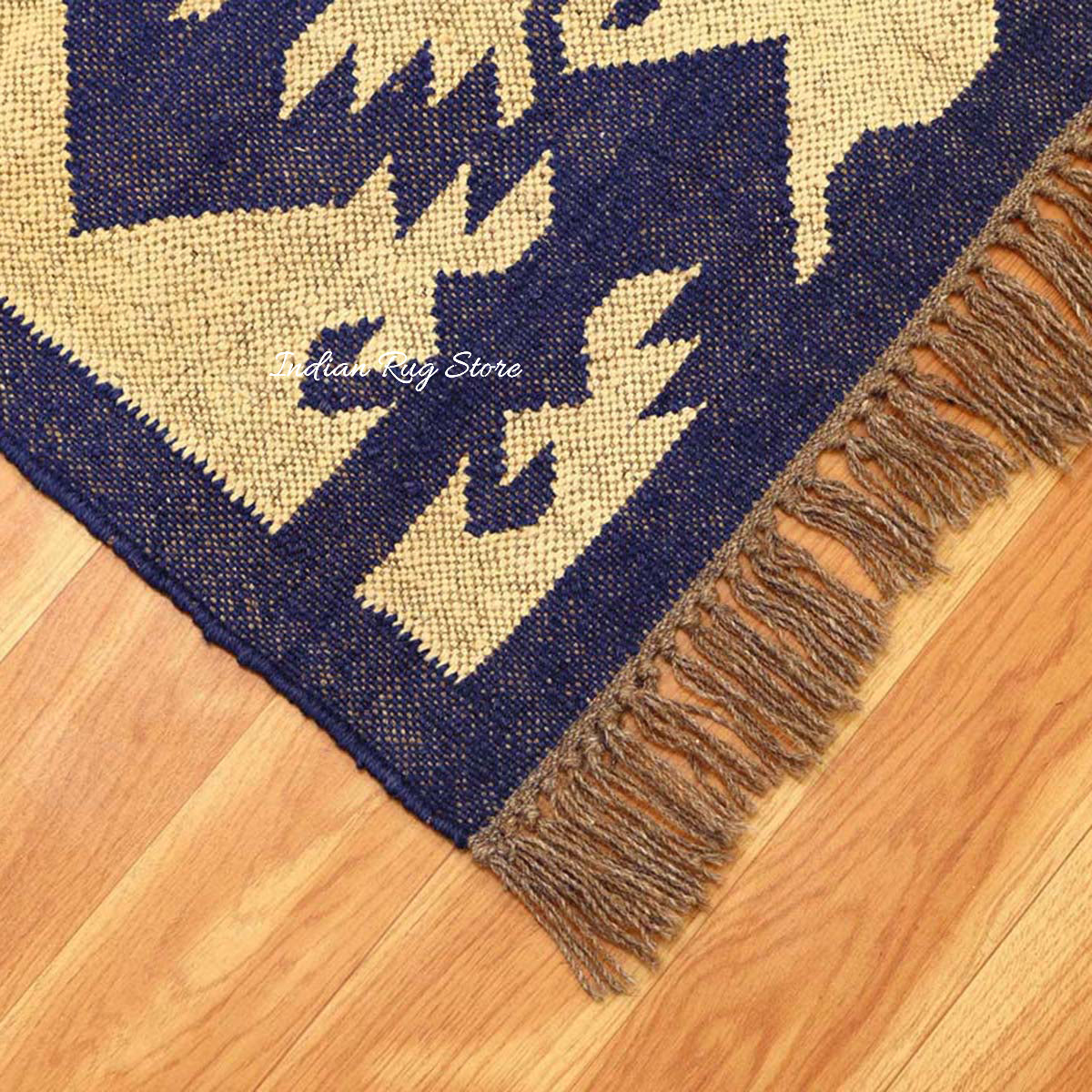 Indian Hand Woven Beige Navy Blue Dining Area Wool Jute Rug