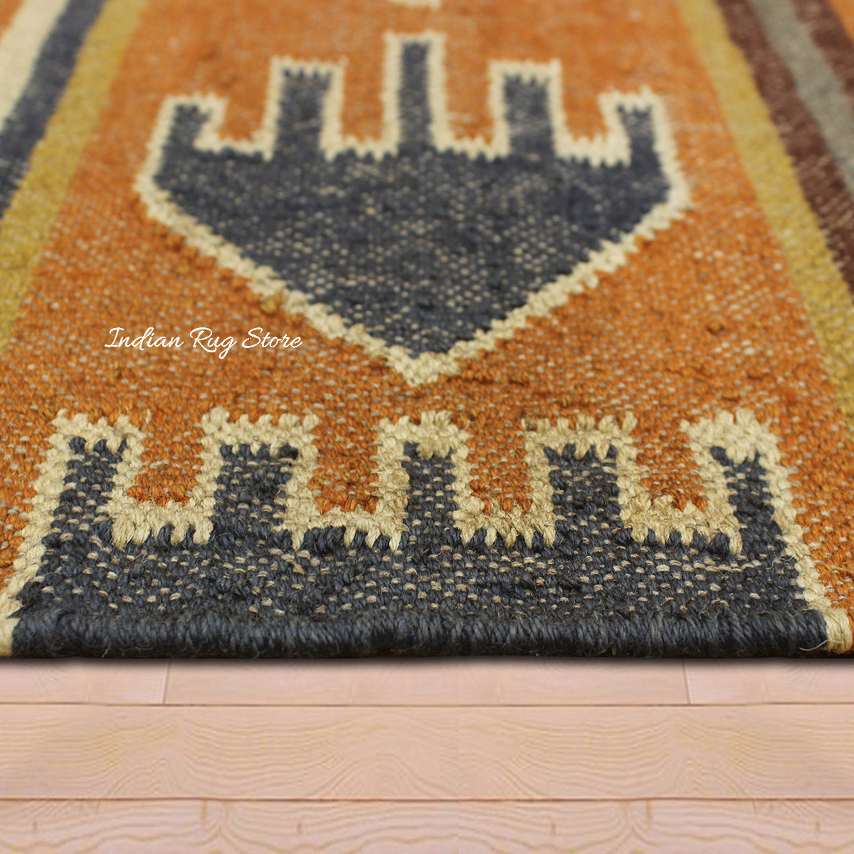 Indian Hand Woven Geometric Orange Black Trendy Wool Jute Rug