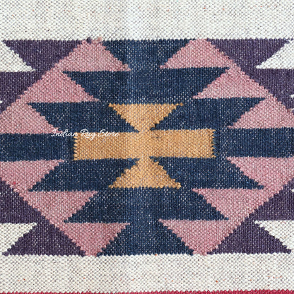 White Red Indian Hand Woven Geometric Dining Hall Wool Jute Rug