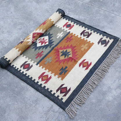 Beautiful Hand Woven Indian Geometric Traditional Multicolor Wool Jute Rug