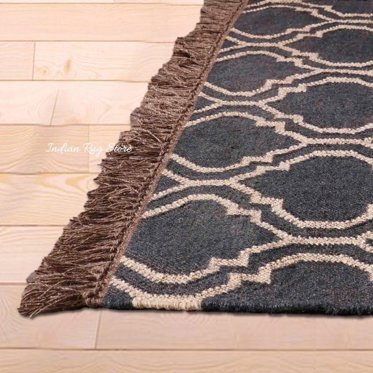 Black Brown Indian Hand Woven Geometric Trendy Wool Jute Rug